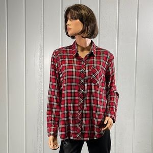*Faded Glory Women's  Red & Black Glitter Plaid  Button Up Top Size L